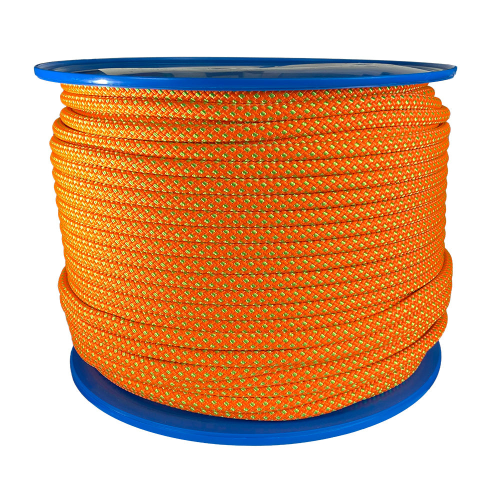 Spool of orange with green fleck 12mm arbor rope on a blue reel with a white background