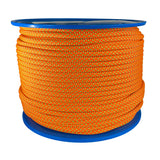 Spool of orange with green fleck 12mm arbor rope on a blue reel with a white background