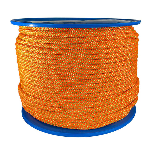 Spool of orange with green fleck 12mm arbor rope on a blue reel with a white background