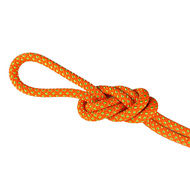 Close-up of a braided 12mm orange with green fleck arbor rope in a knot with a white background.