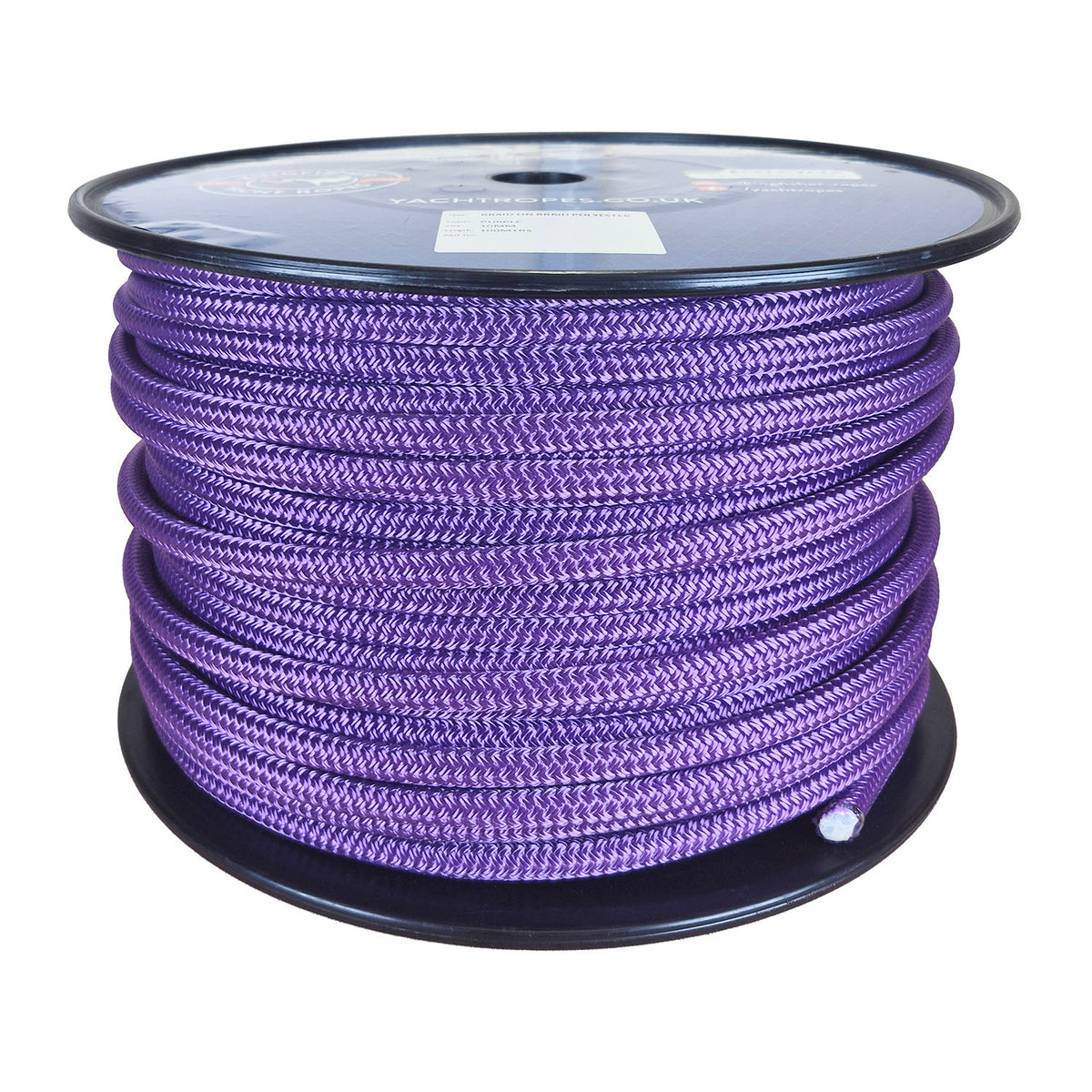 A large spool of 10mm purple braided rope on a black plastic core, photographed against a plain white background. The top label shows the brand name 'Kingfisher Yacht Ropes'.