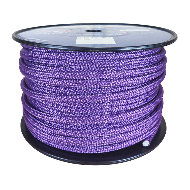 A large spool of 10mm purple braided rope on a black plastic core, photographed against a plain white background. The top label shows the brand name 'Kingfisher Yacht Ropes'.