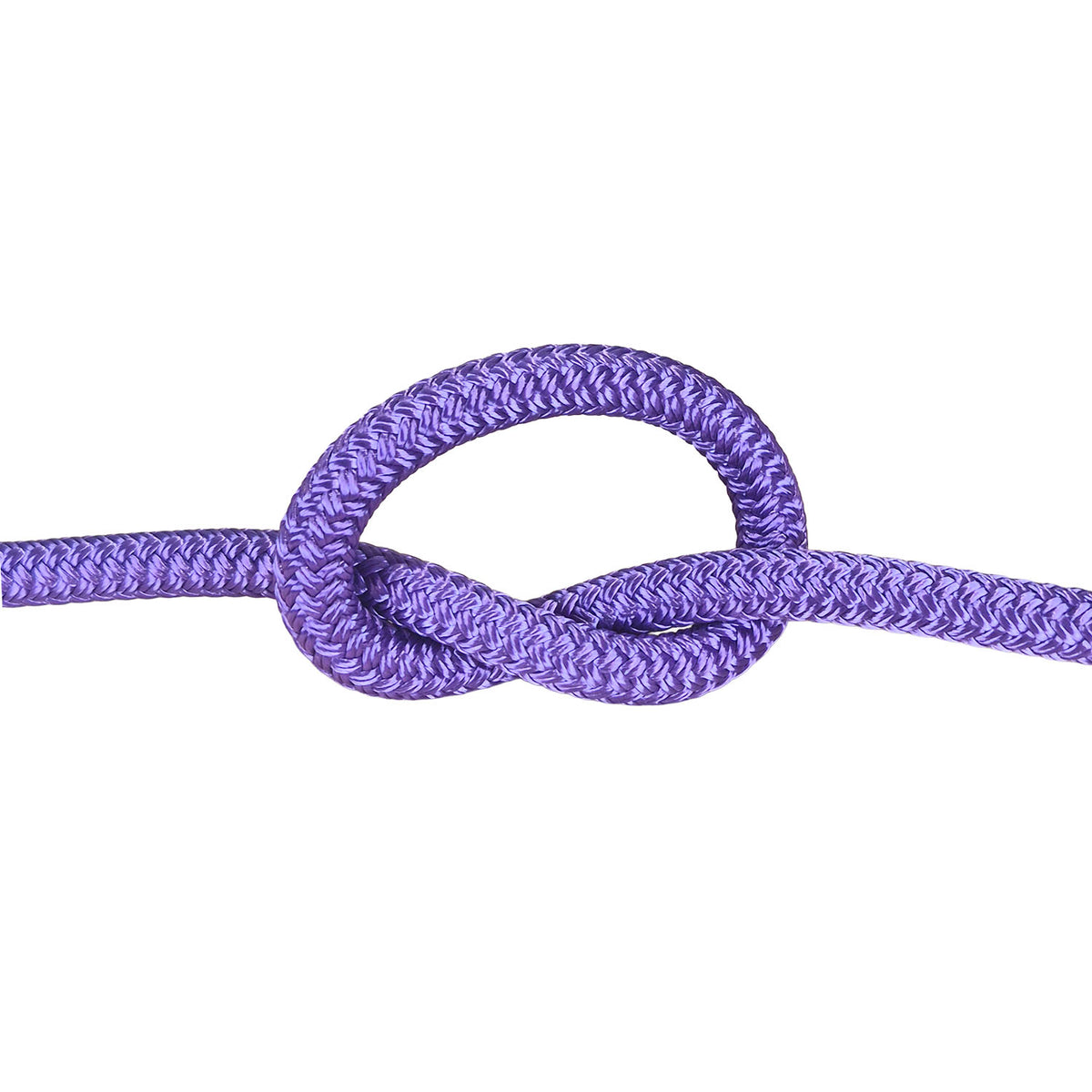 A purple braided rope tied in a knot, shown against a plain white background.