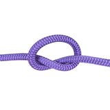 A purple braided rope tied in a knot, shown against a plain white background.