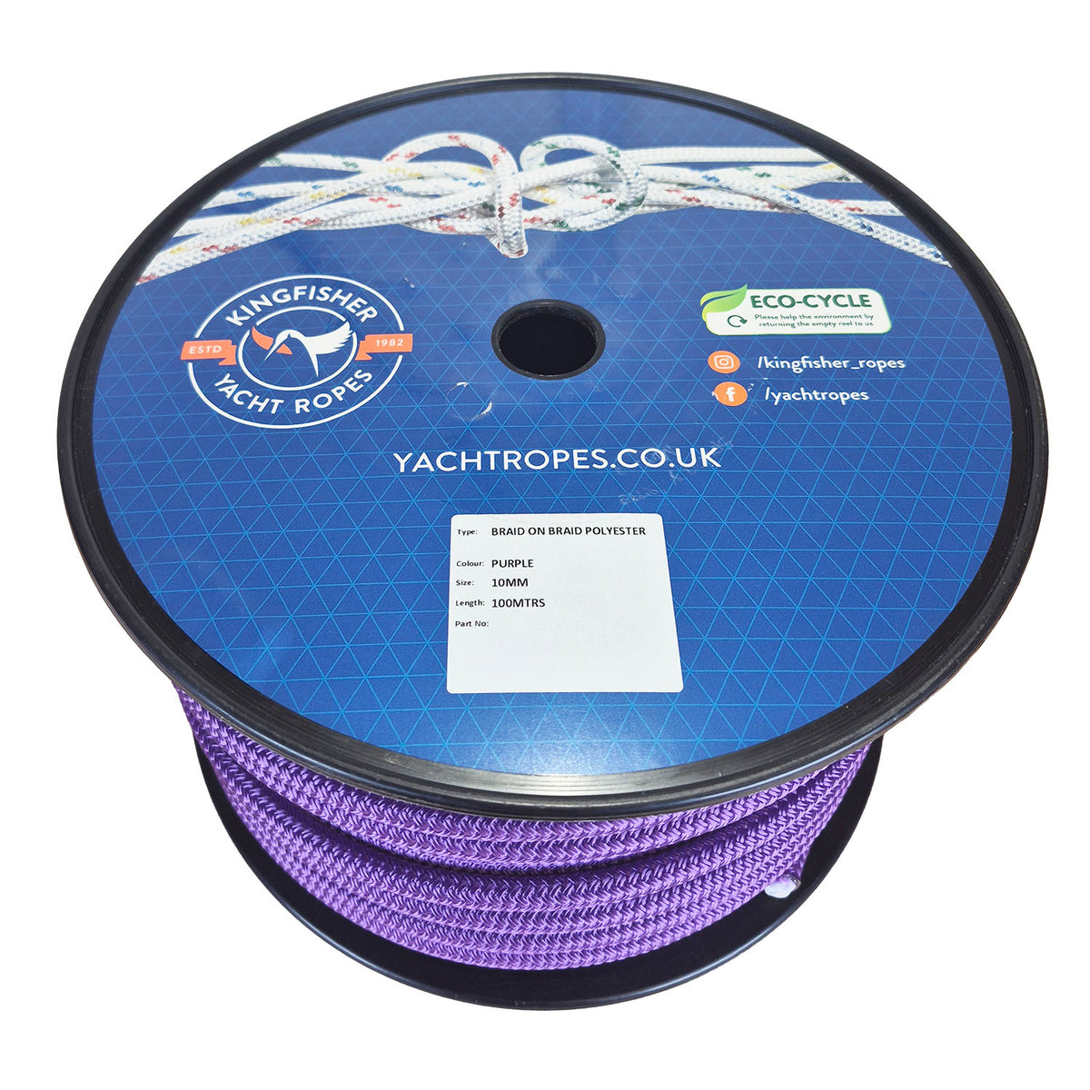 A spool of purple braided polyester rope from  Kingfisher Yacht Ropes, featuring a blue printed label with the brand logo and product details.