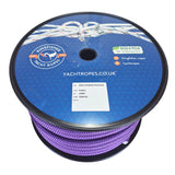 A spool of purple braided polyester rope from  Kingfisher Yacht Ropes, featuring a blue printed label with the brand logo and product details.