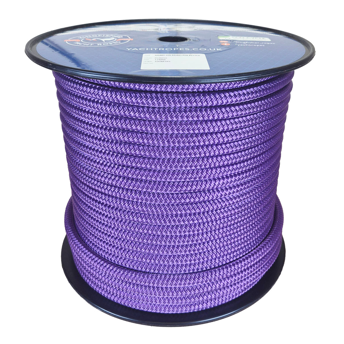 A large spool of purple braided rope on a black plastic core, photographed against a plain white background. The top label shows the brand name 'Kingfisher Yacht Ropes'.