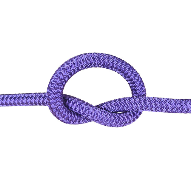A purple braided rope tied in a knot, shown against a plain white background.