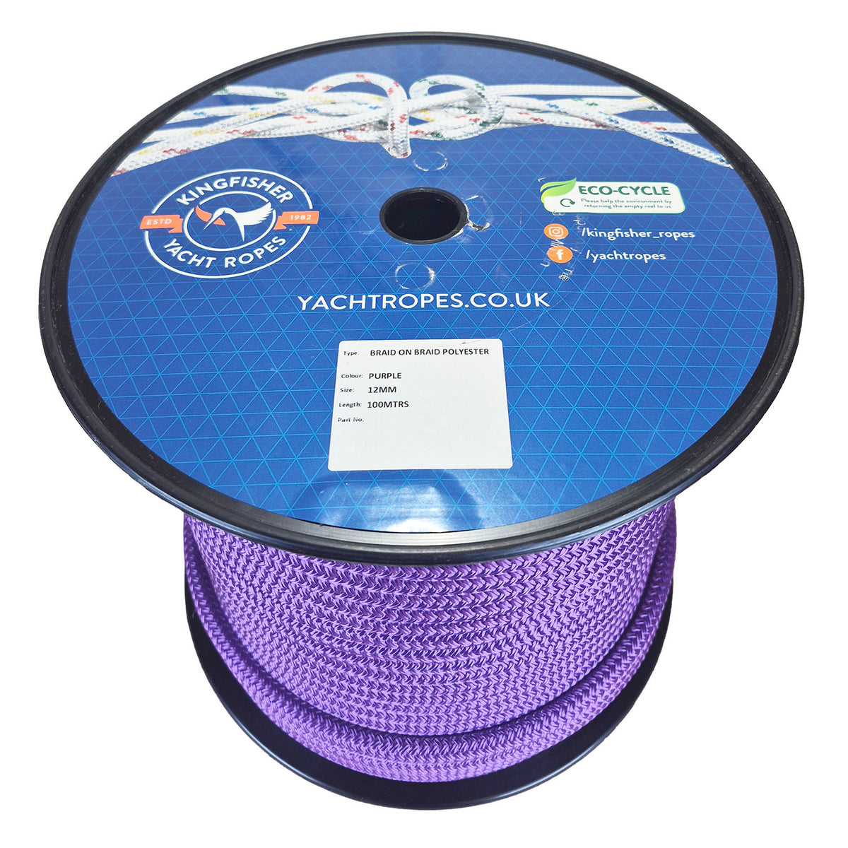 A spool of 12mm purple braided polyester rope from  Kingfisher Yacht Ropes, featuring a blue printed label with the brand logo and product details.