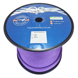 A spool of 12mm purple braided polyester rope from  Kingfisher Yacht Ropes, featuring a blue printed label with the brand logo and product details.
