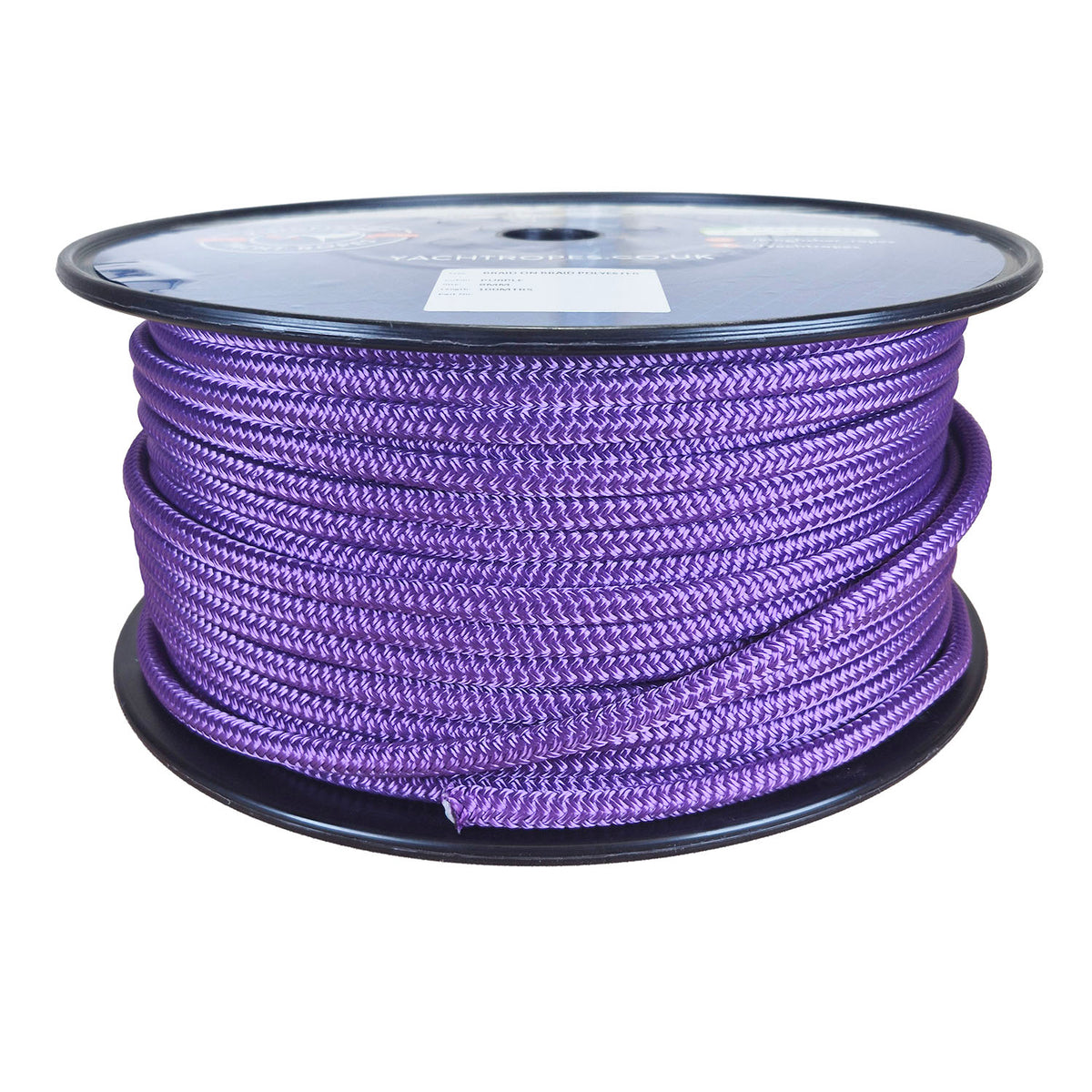 A large spool of 8mm purple braided rope on a black plastic core, photographed against a plain white background. The top label shows the brand name 'Kingfisher Yacht Ropes'.