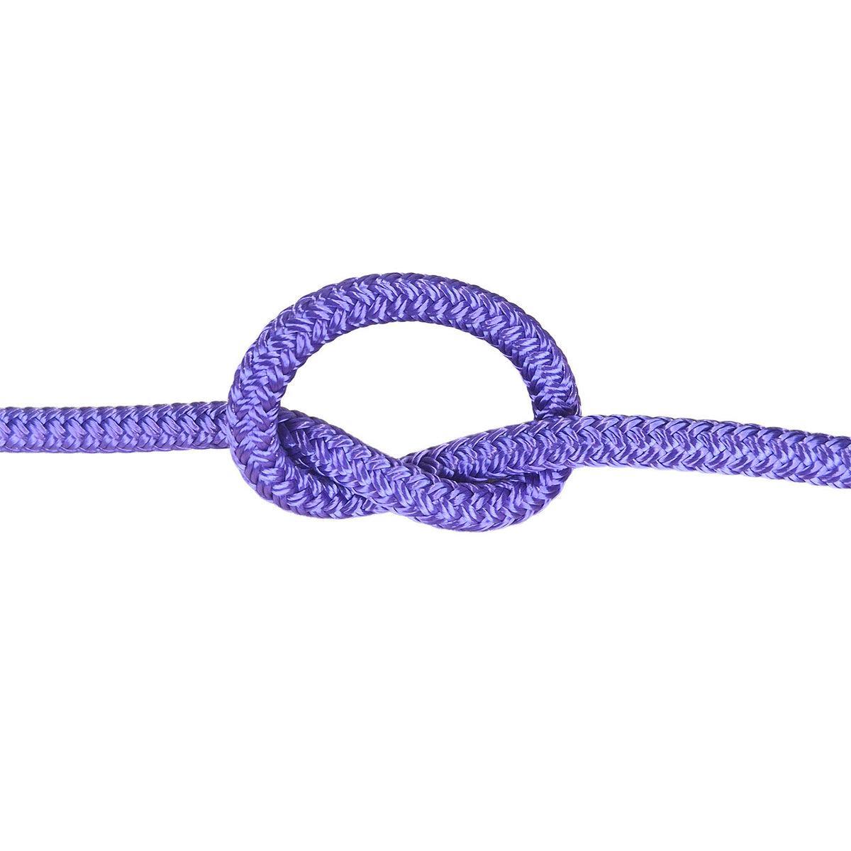 A close-up of a purple braided rope tied in a knot against a plain white background.