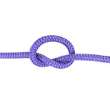 A close-up of a purple braided rope tied in a knot against a plain white background.