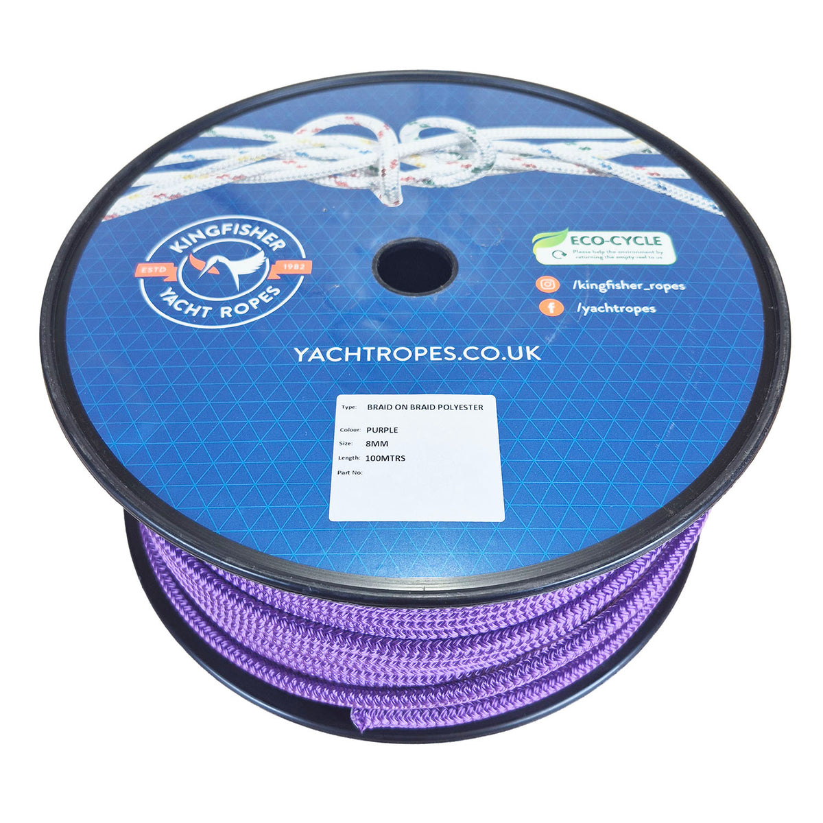 A spool of 8mm purple braided polyester rope from  Kingfisher Yacht Ropes, featuring a blue printed label with the brand logo and product details.