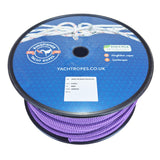 A spool of 8mm purple braided polyester rope from  Kingfisher Yacht Ropes, featuring a blue printed label with the brand logo and product details.
