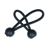 pair of black shock cord in loops with a ball end on a white background