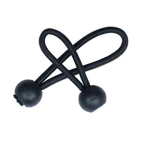 pair of black shock cord in loops with a ball end on a white background