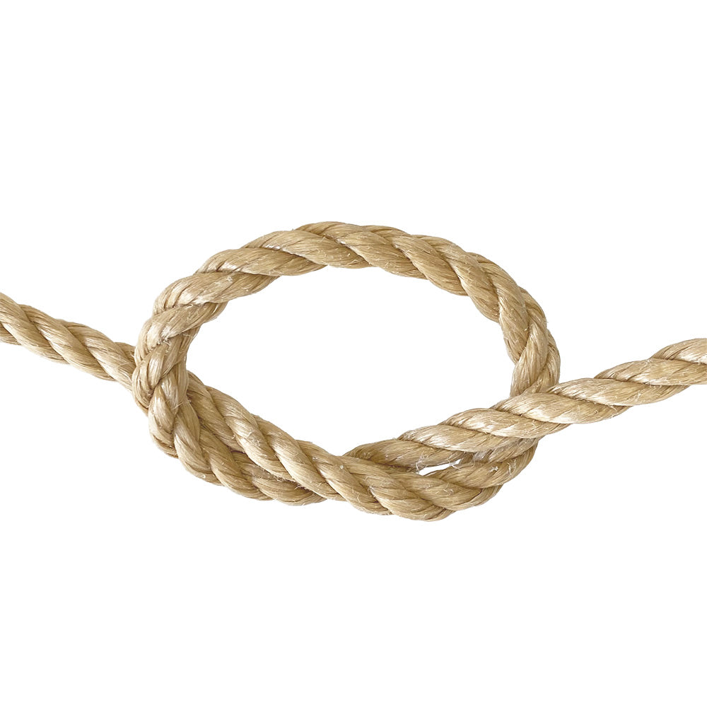 close-up of a knot of beige rope on a white background