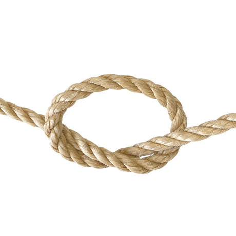 close-up of a knot of beige rope on a white background