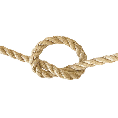 Close-up of a knotted piece of beige rope on a white background