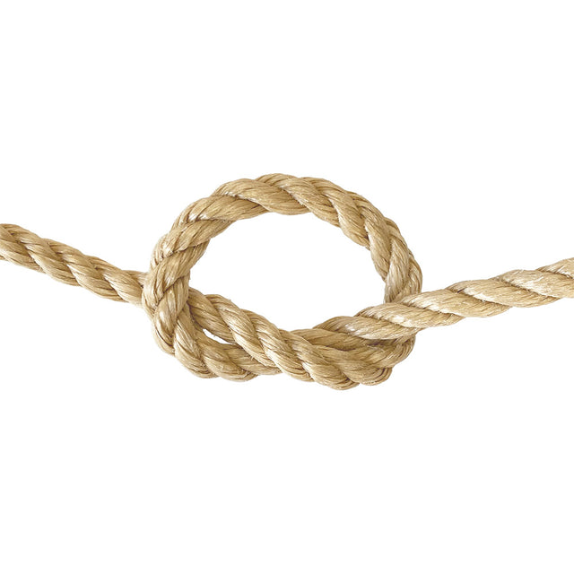 Close-up of a knotted piece of beige rope on a white background