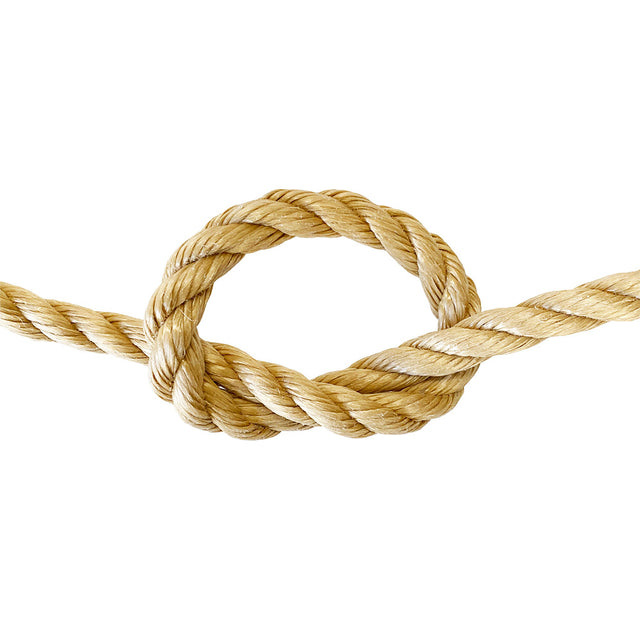 Close-up of a knotted piece of beige rope on a white background