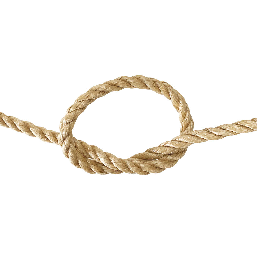 Close-up of a knotted piece of beige rope on a white background
