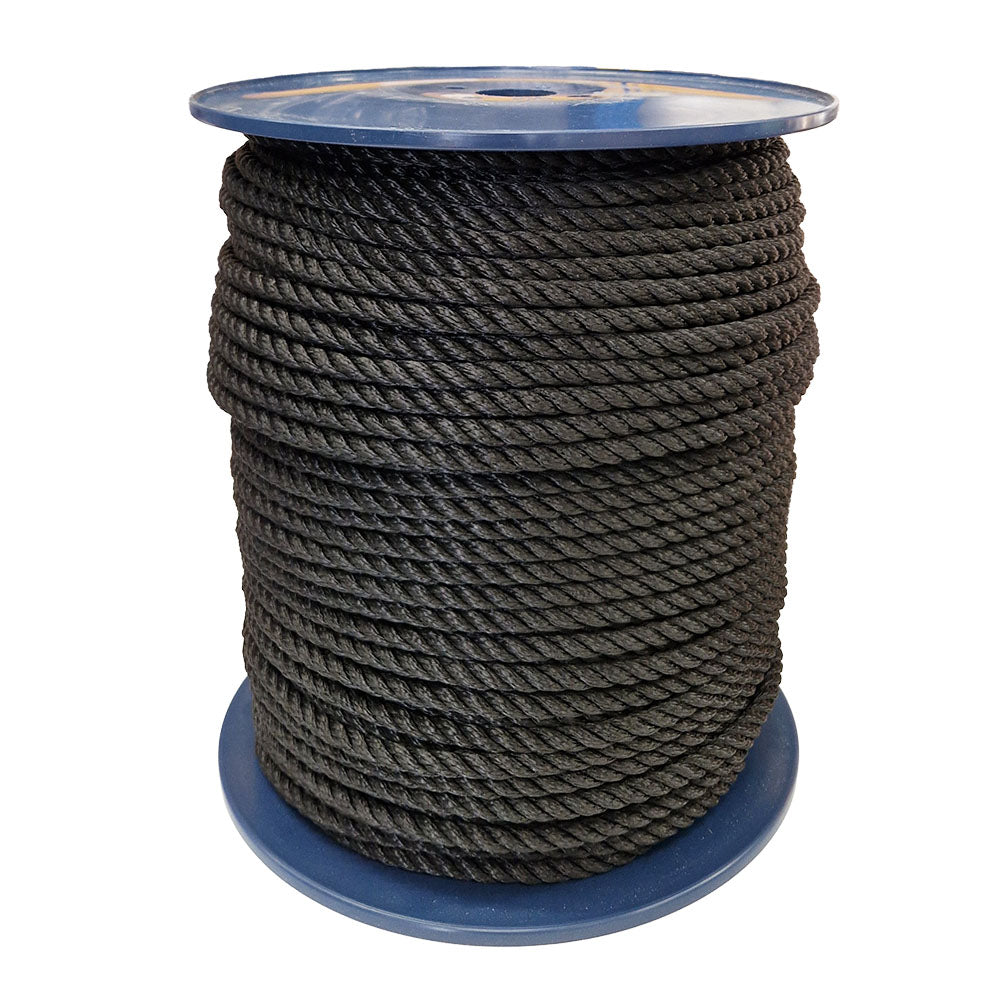Spool of 10mm black polyester rope on a white background