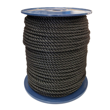 Spool of 10mm black polyester rope on a white background