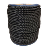 Spool of 12mm black polyester rope on a white background