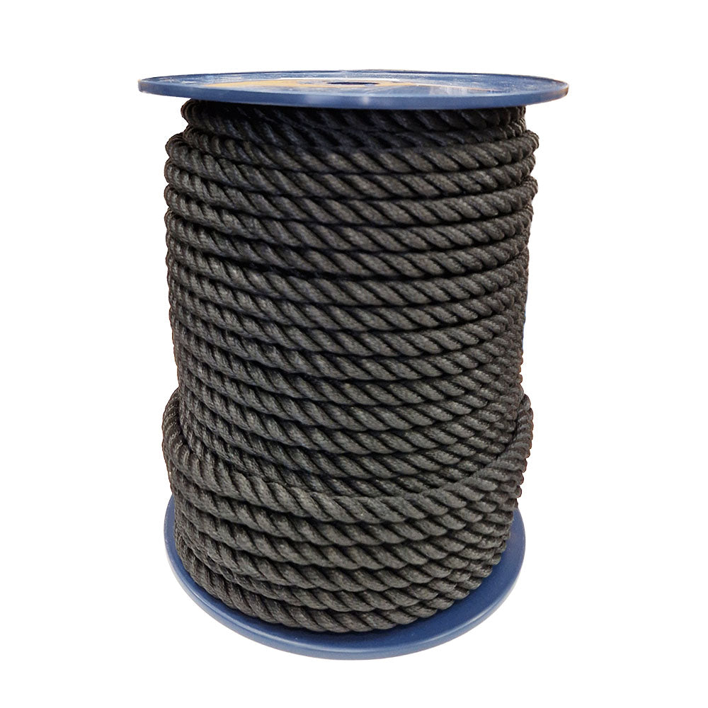 Spool of 14mm black polyester rope on a white background