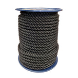 Spool of 14mm black polyester rope on a white background