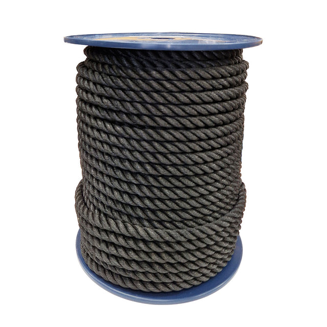 Spool of 14mm black polyester rope on a white background