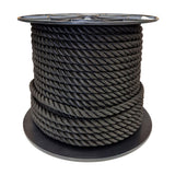 Spool of 16mm black polyester rope on a white background