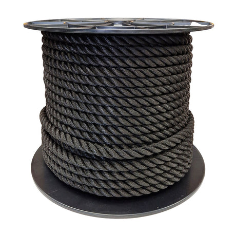Spool of 16mm black polyester rope on a white background