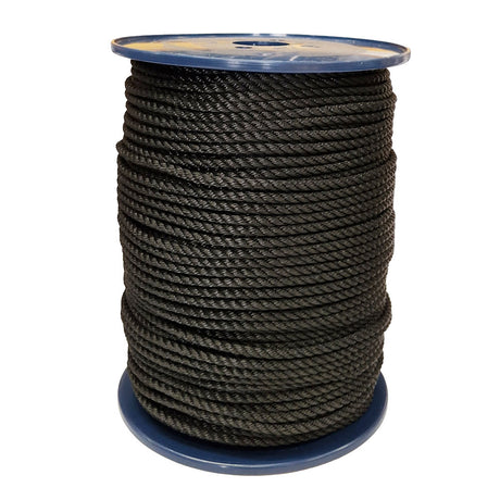 Spool of 8mm black polyester rope on a white background
