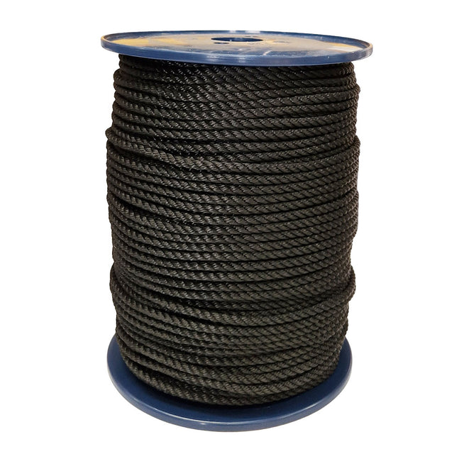 Spool of 8mm black polyester rope on a white background