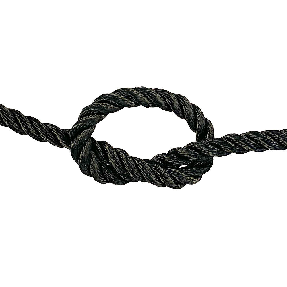close-up of 10mm black polyester rope in a knot on a white background