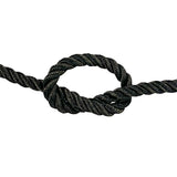 close-up of 10mm black polyester rope in a knot on a white background