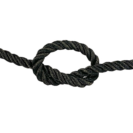close-up of 10mm black polyester rope in a knot on a white background