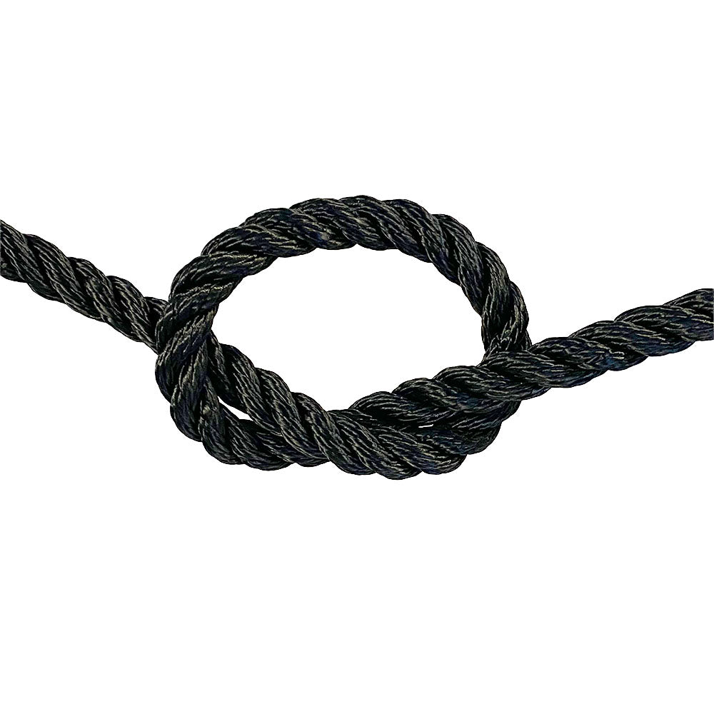 close-up of 12mm black polyester rope in a knot on a white background