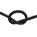 close-up of 12mm black polyester rope in a knot on a white background
