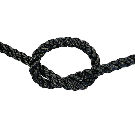 close-up of 12mm black polyester rope in a knot on a white background