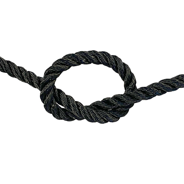 close-up of 12mm black polyester rope in a knot on a white background