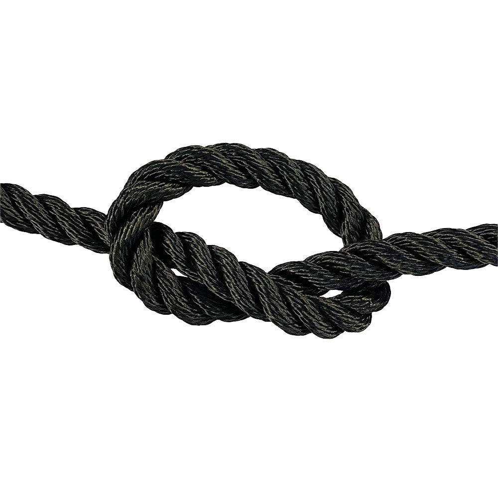 close-up of 14mm black polyester rope in a knot on a white background