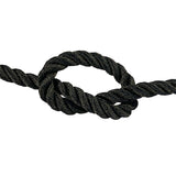 close-up of 14mm black polyester rope in a knot on a white background