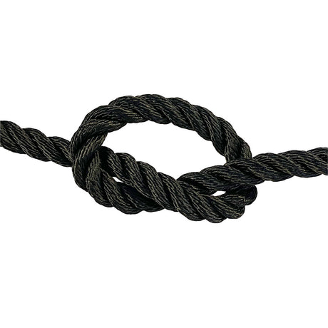 close-up of 14mm black polyester rope in a knot on a white background