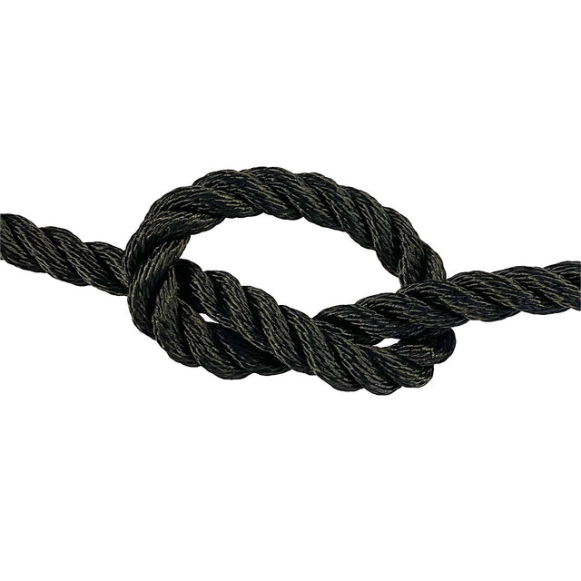 close-up of 14mm black polyester rope in a knot on a white background
