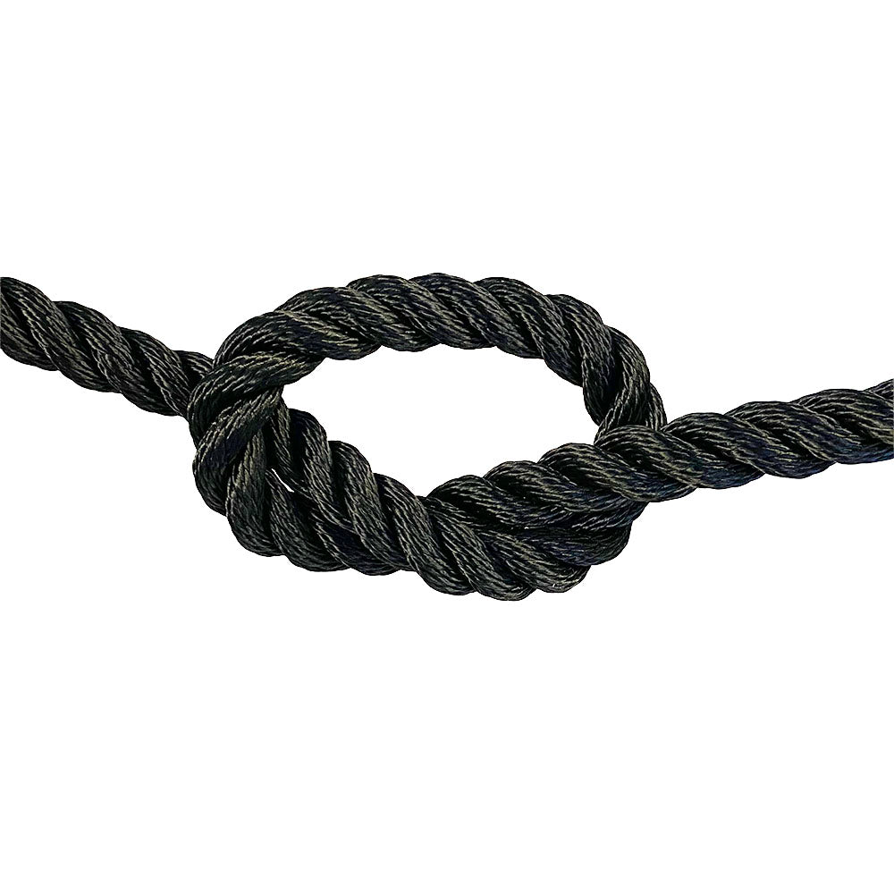 close-up of 16mm black polyester rope in a knot on a white background