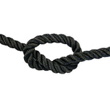 close-up of 16mm black polyester rope in a knot on a white background
